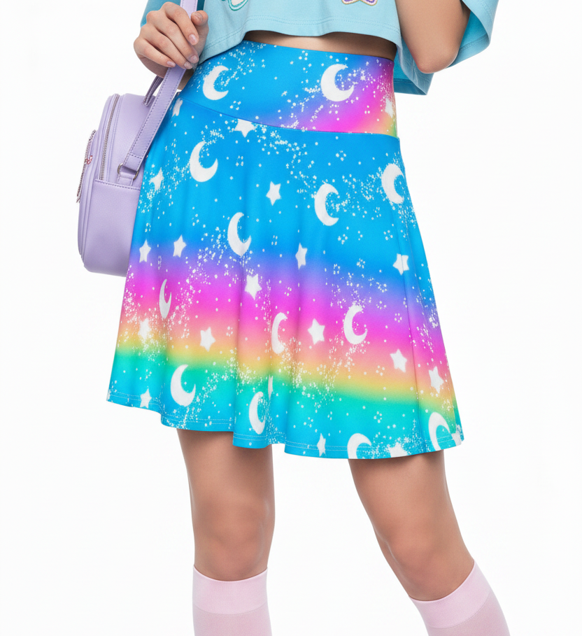 Kawaii fashion Decora kei kidcore cutecore Jfashion Harajuku fashion style Japanese street fashion colorful Magical Fairy Time (Rainbow Sunny Day) High Waist Skater Skirt dopamine dressing 
