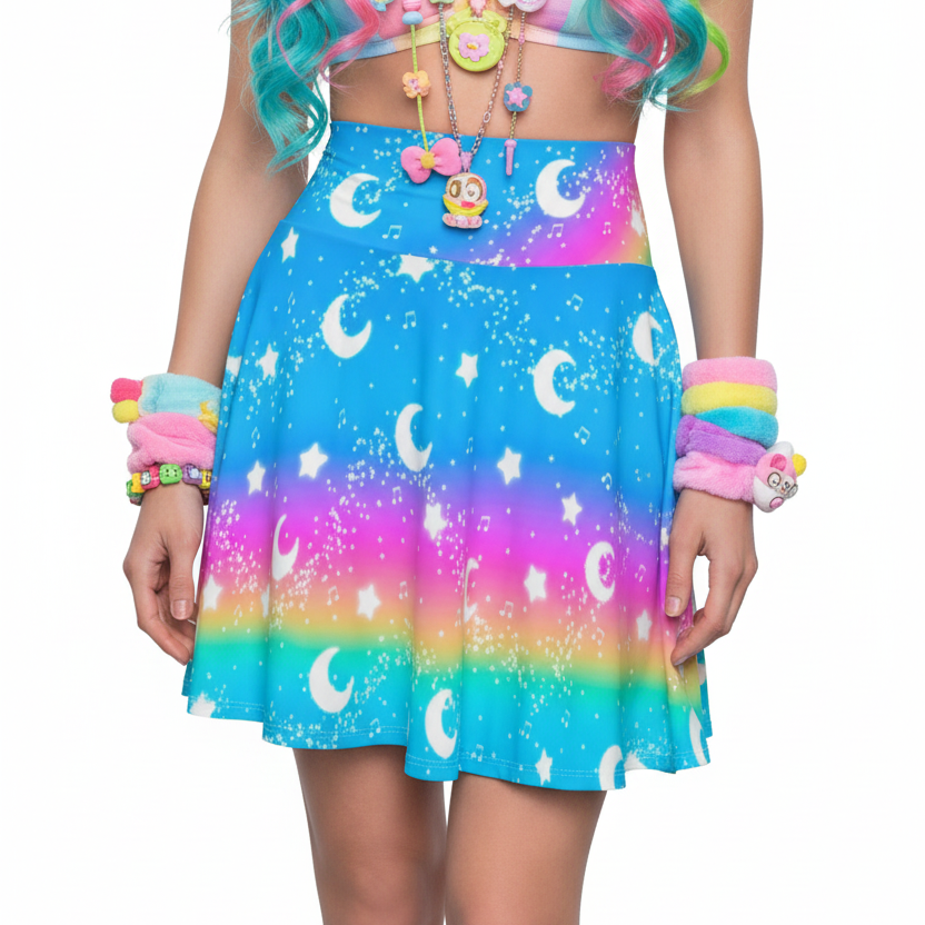 Kawaii fashion Decora kei kidcore cutecore Jfashion Harajuku fashion style Japanese street fashion colorful Magical Fairy Time (Rainbow Sunny Day) High Waist Skater Skirt dopamine dressing 