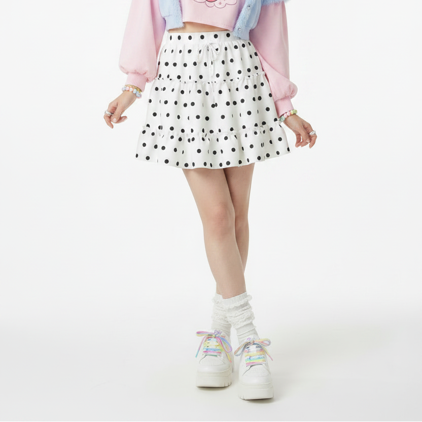 Kawaii fashion Fairy kei Yume kawaii Harajuku style Japanese street fashion Jfashion J fashion Cutecore Cutie Polka Dots Waist Tie Tiered Ruffle Mini Skirt (White & Black)