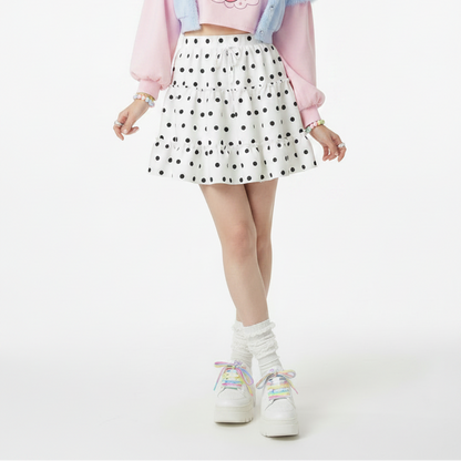 Kawaii fashion Fairy kei Yume kawaii Harajuku style Japanese street fashion Jfashion J fashion Cutecore Cutie Polka Dots Waist Tie Tiered Ruffle Mini Skirt (White & Black)