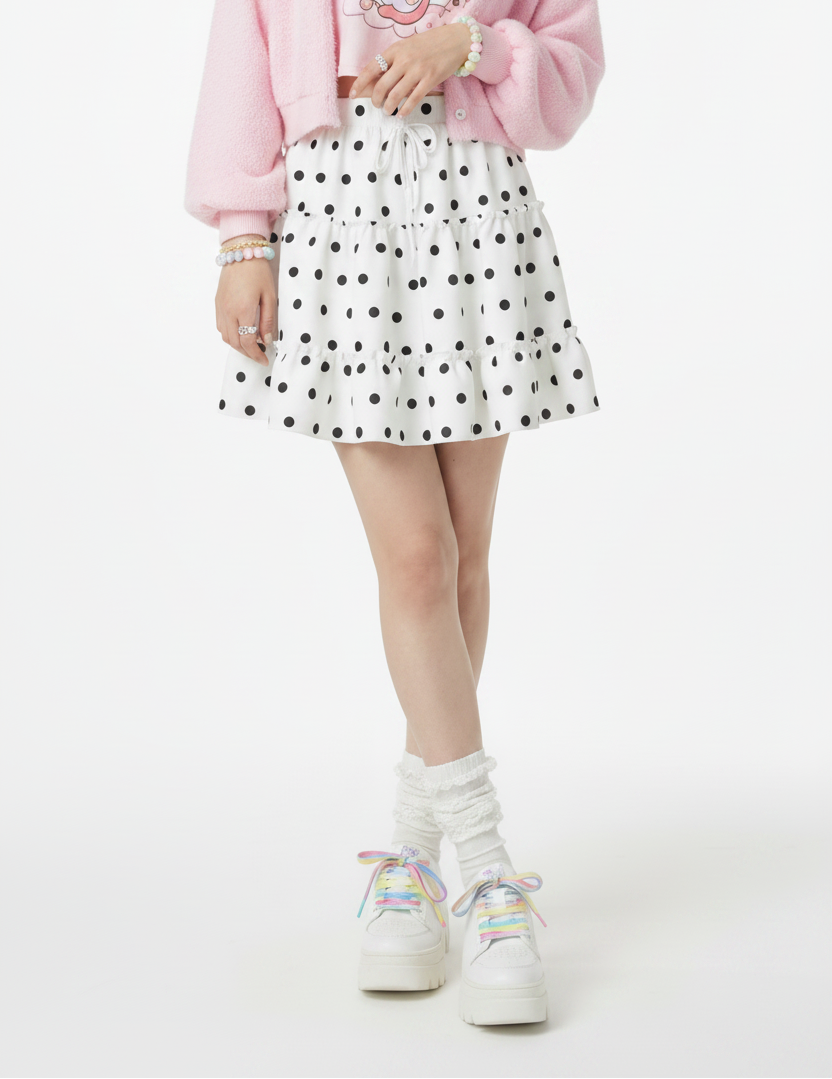 Kawaii fashion Fairy kei Yume kawaii Harajuku style Japanese street fashion Jfashion J fashion Cutecore Cutie Polka Dots Waist Tie Tiered Ruffle Mini Skirt (White & Black)