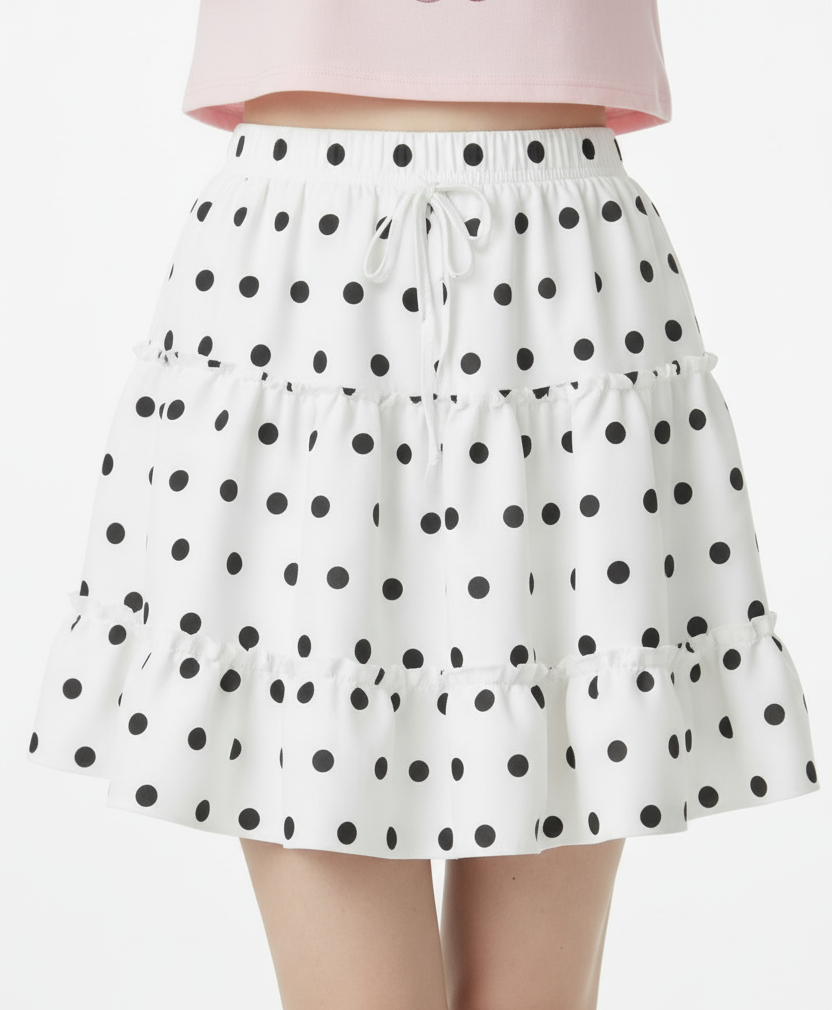 Kawaii fashion Fairy kei Yume kawaii Harajuku style Japanese street fashion Jfashion J fashion Cutecore Cutie Polka Dots Waist Tie Tiered Ruffle Mini Skirt (White & Black)