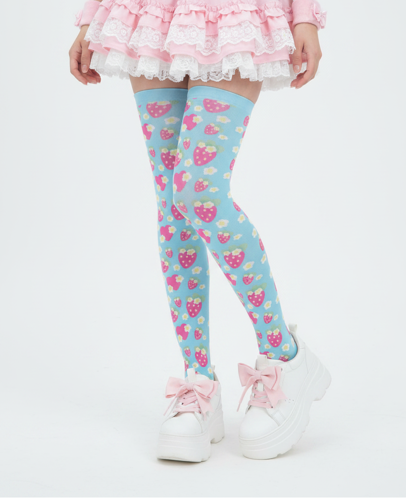 Kawaii fashion Fairy kei yume kawaii  Decora Kei Kidcore jojifuku jfashion cutecore harajuku jfashion Japanese street fashion cute pantyhose vpastel colors dopamine dressing Strawberry Cutie Over Knee Stocking Socks (Fruity Berry Blue)