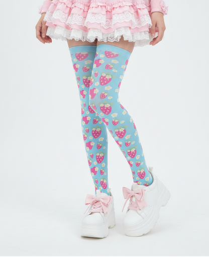 Kawaii fashion Fairy kei yume kawaii  Decora Kei Kidcore jojifuku jfashion cutecore harajuku jfashion Japanese street fashion cute pantyhose vpastel colors dopamine dressing Strawberry Cutie Over Knee Stocking Socks (Fruity Berry Blue)