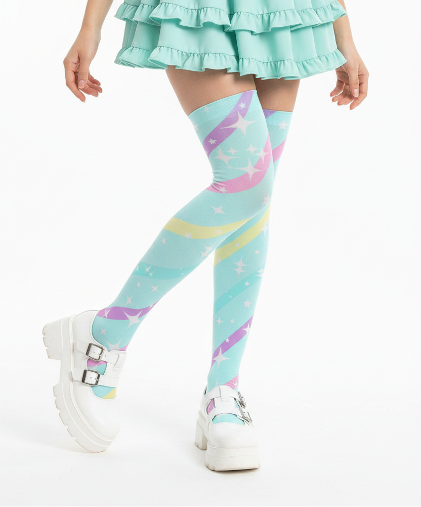 Kawaii fashion Fairy kei yume kawaii jojifuku jfashion cutecore harajuku jfashion Japanese street fashion cute pantyhose Sparkle Stars Over Knee Stocking Socks (Blue) pastel colors sparkles mahou kei magical girl