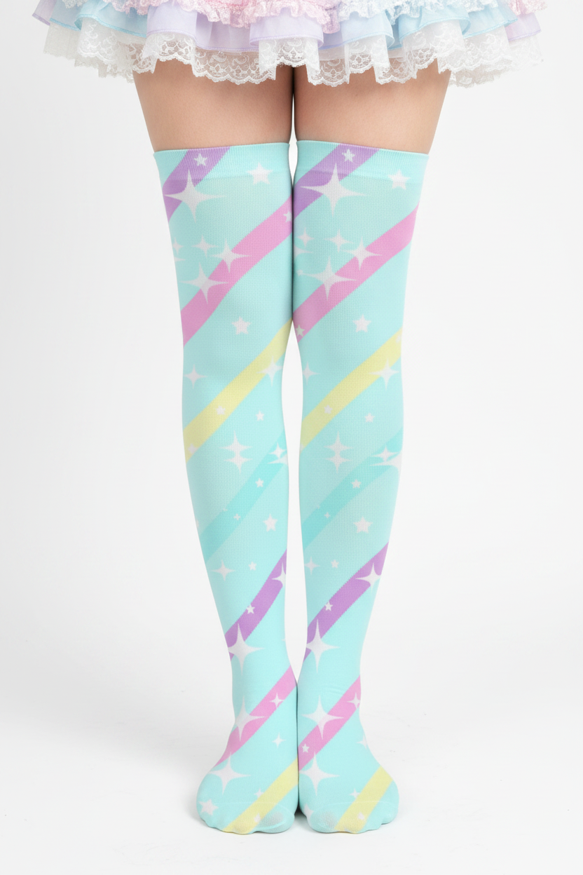 Kawaii fashion Fairy kei yume kawaii jojifuku jfashion cutecore harajuku jfashion Japanese street fashion cute pantyhose Sparkle Stars Over Knee Stocking Socks (Blue) pastel colors sparkles mahou kei magical girl