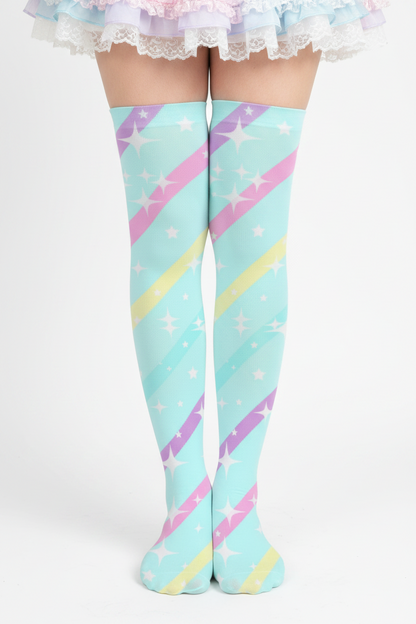 Kawaii fashion Fairy kei yume kawaii jojifuku jfashion cutecore harajuku jfashion Japanese street fashion cute pantyhose Sparkle Stars Over Knee Stocking Socks (Blue) pastel colors sparkles mahou kei magical girl