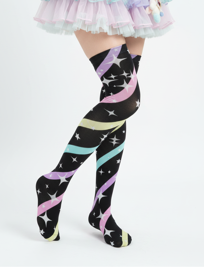 Kawaii fashion Fairy kei yume kawaii jojifuku jfashion cutecore harajuku jfashion Japanese street fashion cute pantyhose pastel colors sparkles Sparkle Stars Over Knee Stocking Socks (Black)