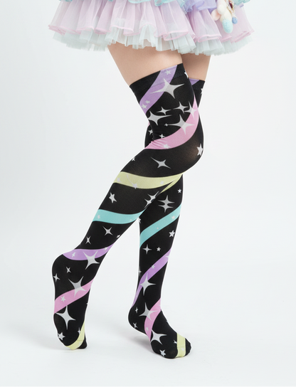 Kawaii fashion Fairy kei yume kawaii jojifuku jfashion cutecore harajuku jfashion Japanese street fashion cute pantyhose pastel colors sparkles Sparkle Stars Over Knee Stocking Socks (Black)