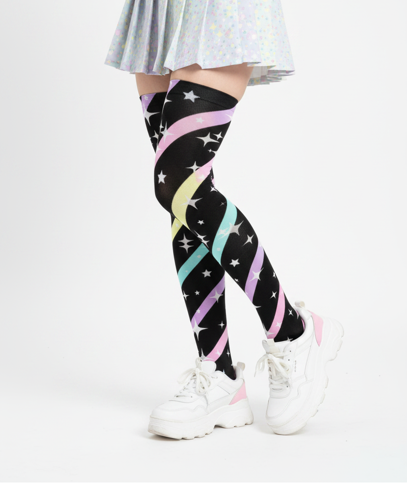 Kawaii fashion Fairy kei yume kawaii jojifuku jfashion cutecore harajuku jfashion Japanese street fashion cute pantyhose pastel colors sparkles Sparkle Stars Over Knee Stocking Socks (Black)