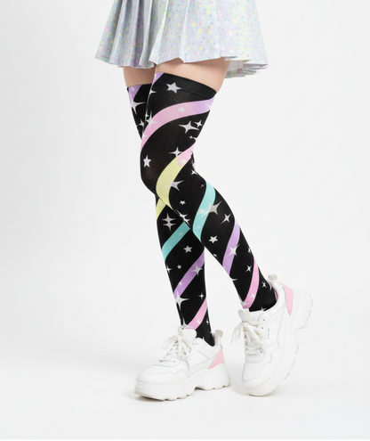 Kawaii fashion Fairy kei yume kawaii jojifuku jfashion cutecore harajuku jfashion Japanese street fashion cute pantyhose pastel colors sparkles Sparkle Stars Over Knee Stocking Socks (Black)