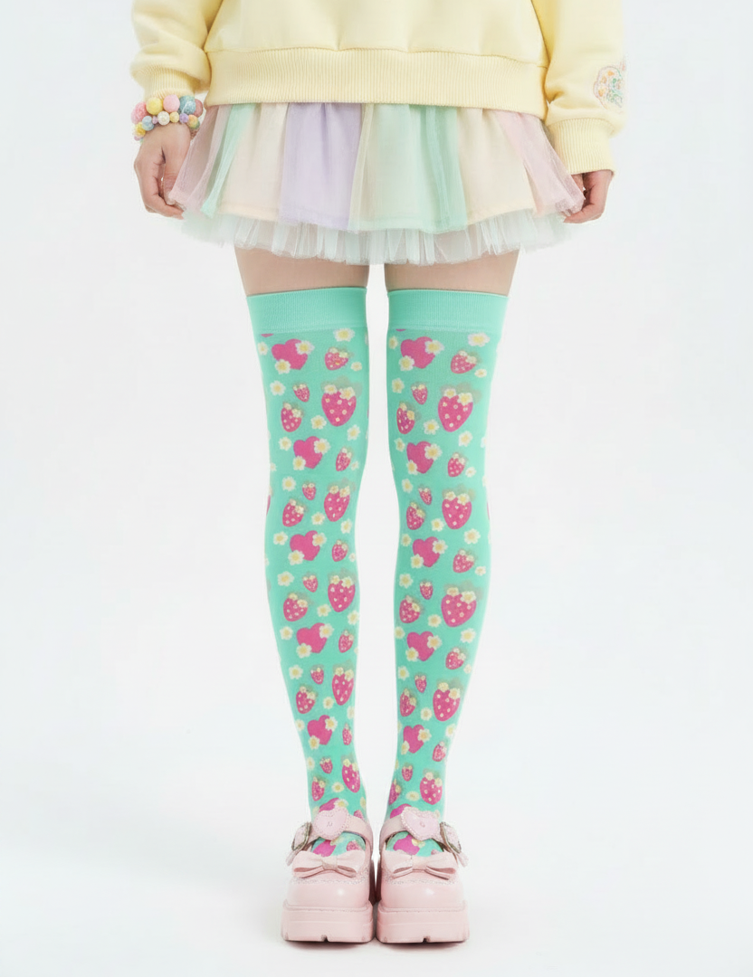 Kawaii fashion Fairy kei yume kawaii jojifuku jfashion cutecore harajuku jfashion cute pantyhose Strawberry Cutie Over Knee Stocking Socks (Fruity Berry Mint) pastel green 