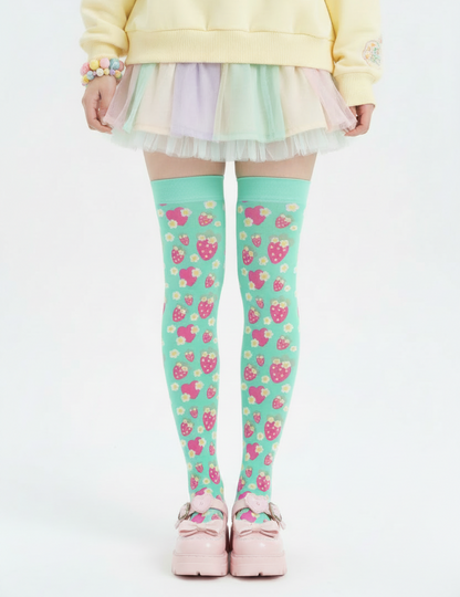 Kawaii fashion Fairy kei yume kawaii jojifuku jfashion cutecore harajuku jfashion cute pantyhose Strawberry Cutie Over Knee Stocking Socks (Fruity Berry Mint) pastel green 
