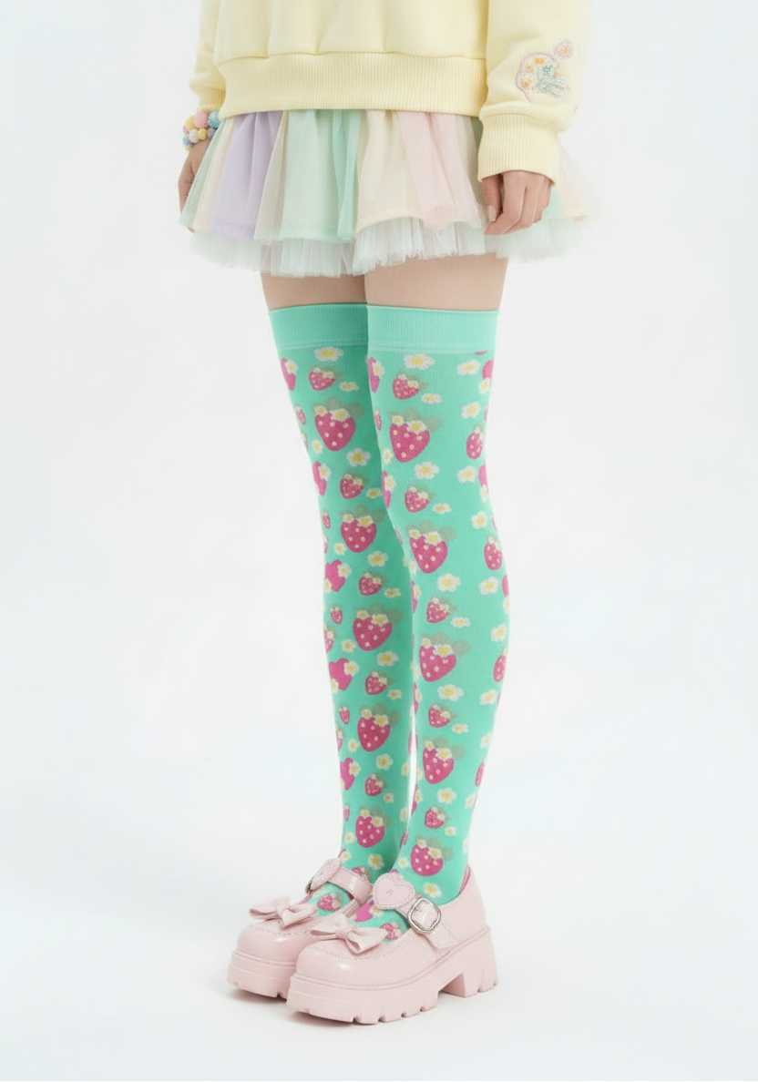 Kawaii fashion Fairy kei yume kawaii jojifuku jfashion cutecore harajuku jfashion cute pantyhose Strawberry Cutie Over Knee Stocking Socks (Fruity Berry Mint) pastel green 
