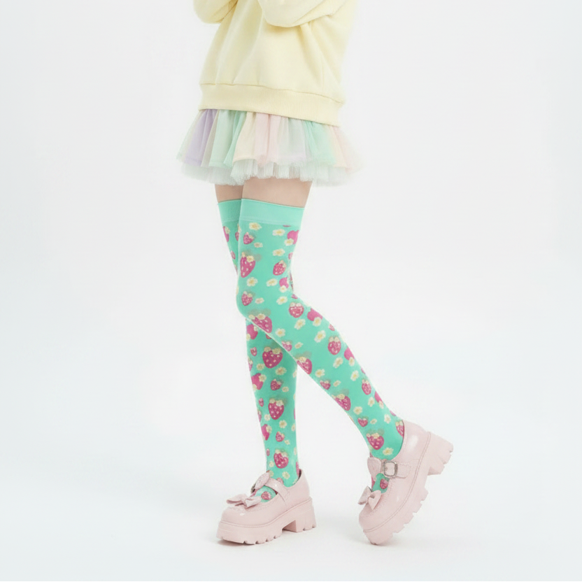 Kawaii fashion Fairy kei yume kawaii jojifuku jfashion cutecore harajuku jfashion cute pantyhose Strawberry Cutie Over Knee Stocking Socks (Fruity Berry Mint) pastel green 