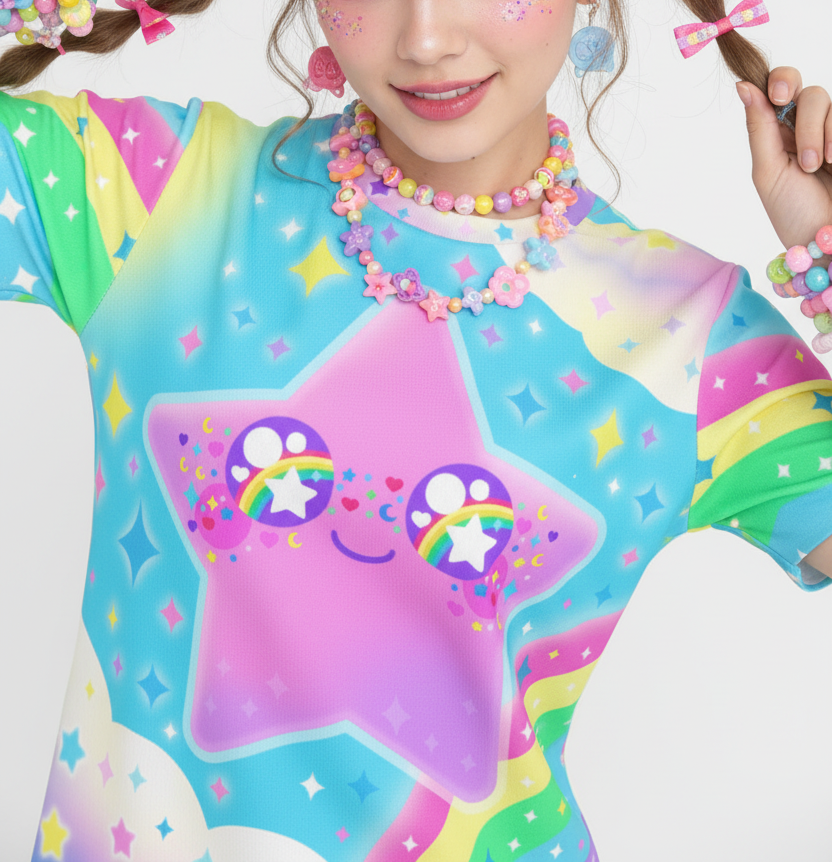 Kawaii fashion Harajuku Jfashion Decora kei Cutecore jojifulu KIdcore Kandi kid Rainbow Decora Star T-Shirt Japanese street fashion 