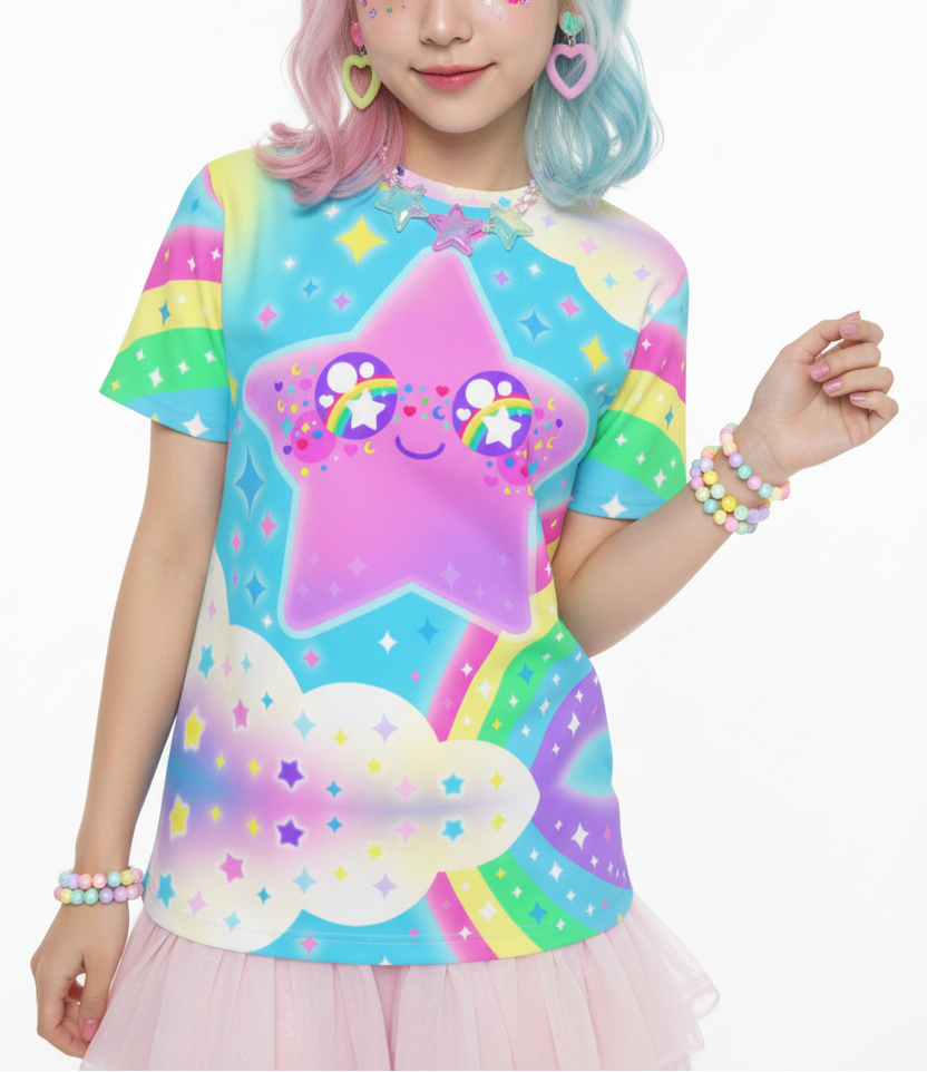 Kawaii fashion Harajuku Jfashion Decora kei Cutecore jojifulu KIdcore Kandi kid Rainbow Decora Star T-Shirt Japanese street fashion 
