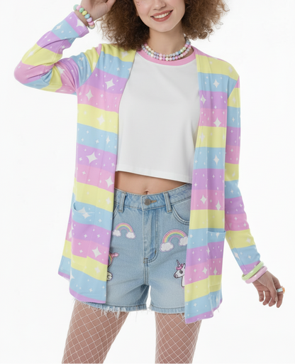 Kawaii fashion Harajuku Jfashion Fairy Kei Yume Kawaii Cutecore Jojifuku Japanese Street Fashion Rainbow Ribbon Open Front Lightweight Cardigan With Pockets Pastel Rainbow Colorful Dopamine
