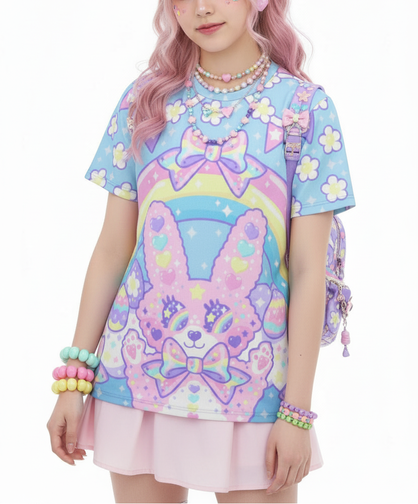 Kawaii fashion Harajuku Jfashion Japanese street fashion fairy kei yume kawaii  Cutecore Jojifuku Magical Rainbow Easter Bunny T-Shirt Pastel Rainbow so cute cartoon anime t-shirt tee rainbow eyes