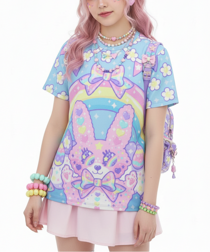 Kawaii fashion Harajuku Jfashion Japanese street fashion fairy kei yume kawaii  Cutecore Jojifuku Magical Rainbow Easter Bunny T-Shirt Pastel Rainbow so cute cartoon anime t-shirt tee rainbow eyes