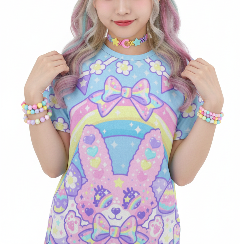 Kawaii fashion Harajuku Jfashion Japanese street fashion fairy kei yume kawaii  Cutecore Jojifuku Magical Rainbow Easter Bunny T-Shirt Pastel Rainbow so cute cartoon anime t-shirt tee 
