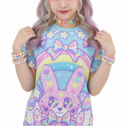 Kawaii fashion Harajuku Jfashion Japanese street fashion fairy kei yume kawaii  Cutecore Jojifuku Magical Rainbow Easter Bunny T-Shirt Pastel Rainbow so cute cartoon anime t-shirt tee 
