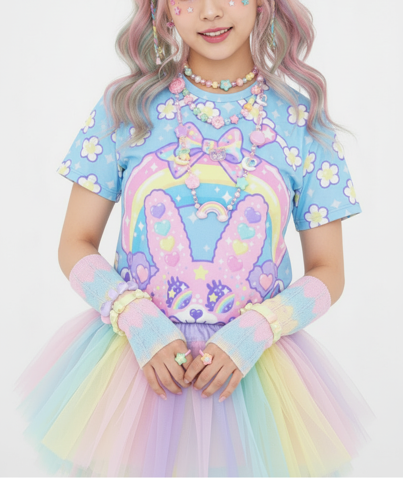 Kawaii fashion Harajuku Jfashion Japanese street fashion fairy kei yume kawaii  Cutecore Jojifuku Magical Rainbow Easter Bunny T-Shirt Pastel Rainbow so cute cartoon anime t-shirt tee 