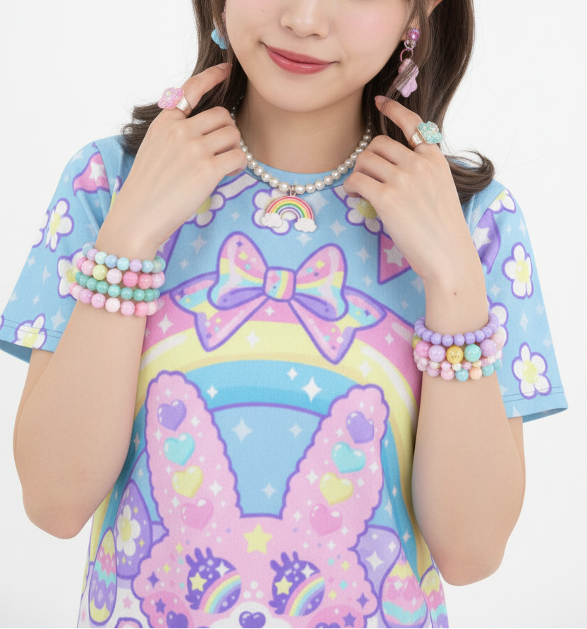 Kawaii fashion Harajuku Jfashion Japanese street fashion fairy kei yume kawaii  Cutecore Jojifuku Magical Rainbow Easter Bunny T-Shirt Pastel Rainbow so cute cartoon anime t-shirt tee rainbow eyes