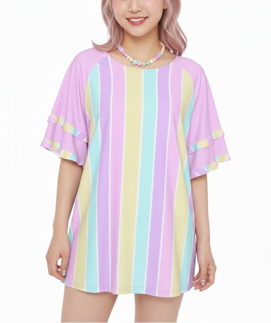 Kawaii fashion Harajuku Jfashion fairy kei yume kawaii Pastel Stripes Pink Round Neck Raglan Sleeve Ruffle Frill T-Shirt cutecore jojifuku pastel rainbow purple pink blue yellow