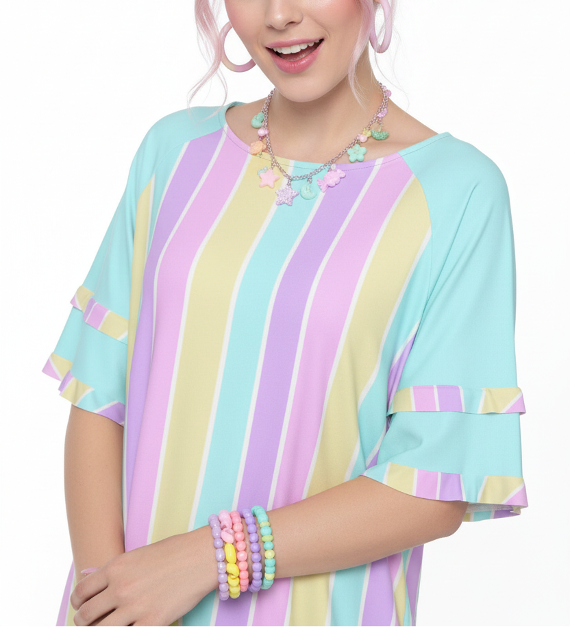 Kawaii fashion Harajuku Jfashion fairy kei yume kawaii Pastel Stripes Purple Round Neck Raglan Sleeve Ruffle Frill T-Shirt cutecore jojifuku pastel rainbow blue aqua 