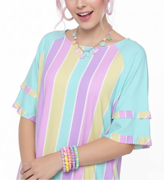 Kawaii fashion Harajuku Jfashion fairy kei yume kawaii Pastel Stripes Purple Round Neck Raglan Sleeve Ruffle Frill T-Shirt cutecore jojifuku pastel rainbow blue aqua 