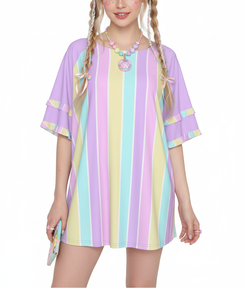Kawaii fashion Harajuku Jfashion fairy kei yume kawaii Pastel Stripes Purple Round Neck Raglan Sleeve Ruffle Frill T-Shirt cutecore jojifuku pastel rainbow purple lilac lavender