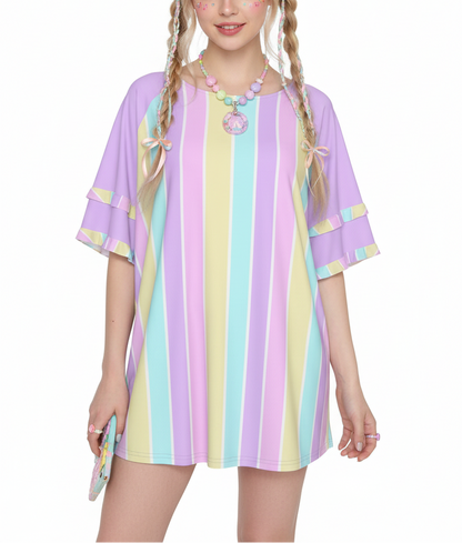 Kawaii fashion Harajuku Jfashion fairy kei yume kawaii Pastel Stripes Purple Round Neck Raglan Sleeve Ruffle Frill T-Shirt cutecore jojifuku pastel rainbow purple lilac lavender