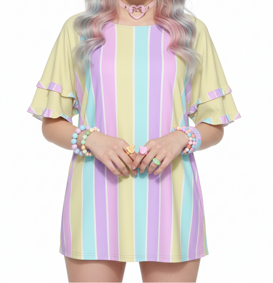 Kawaii fashion Harajuku Jfashion fairy kei yume kawaii Pastel Stripes Yellow Round Neck Raglan Sleeve Ruffle Frill T-Shirt cutecore jojifuku pastel rainbow 
