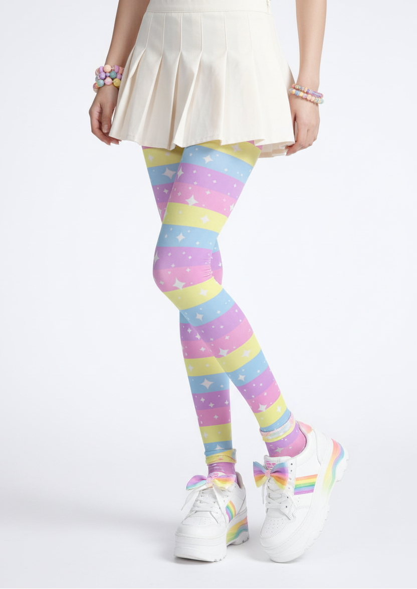 Kawaii fashion Harajuku Jfashion fairy kei yume kawaii cutecore jojifuku magical girl mahou kei Japanese street fashion  Rainbow Ribbon Stretchy Tights colorful dopamine dressing