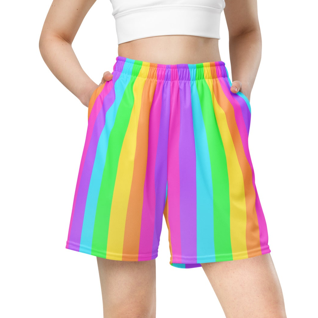 Kawaii fashion Harajuku fashion Japanese street fashion Jfashion Decora kei kidcore Rainbow Wonderland Unisex Athletic Sports Mesh Shorts sportswear colorful dopamine clothing color block stripes