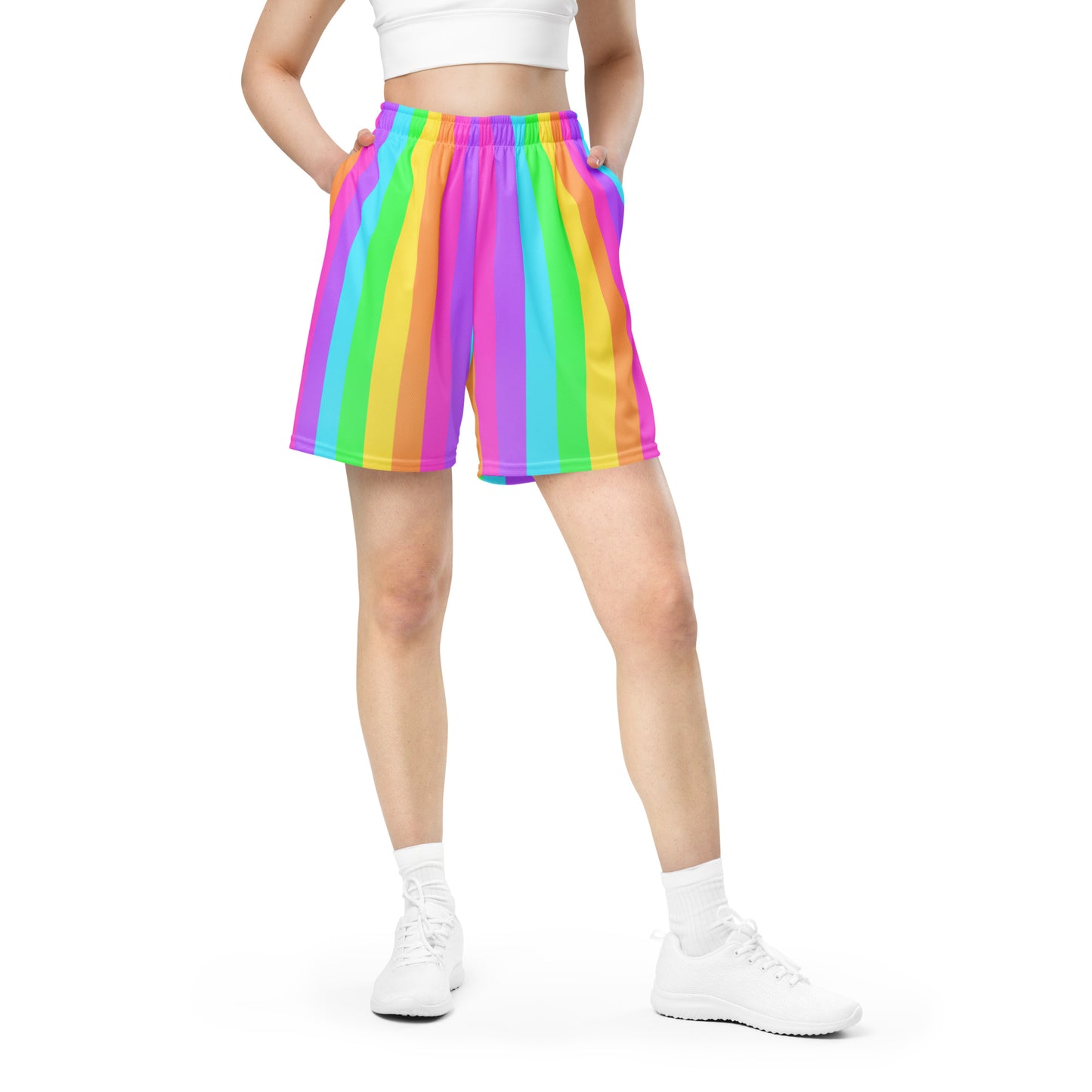 Kawaii fashion Harajuku fashion Japanese street fashion Jfashion Decora kei kidcore Rainbow Wonderland Unisex Athletic Sports Mesh Shorts sportswear colorful dopamine clothing color block stripes