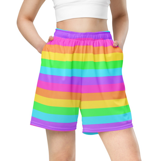 Kawaii fashion Harajuku fashion Japanese street fashion Jfashion Decora kei kidcore Rainbow Wonderland Unisex Athletic Sports Mesh Shorts sportswear colorful dopamine clothing color block stripes