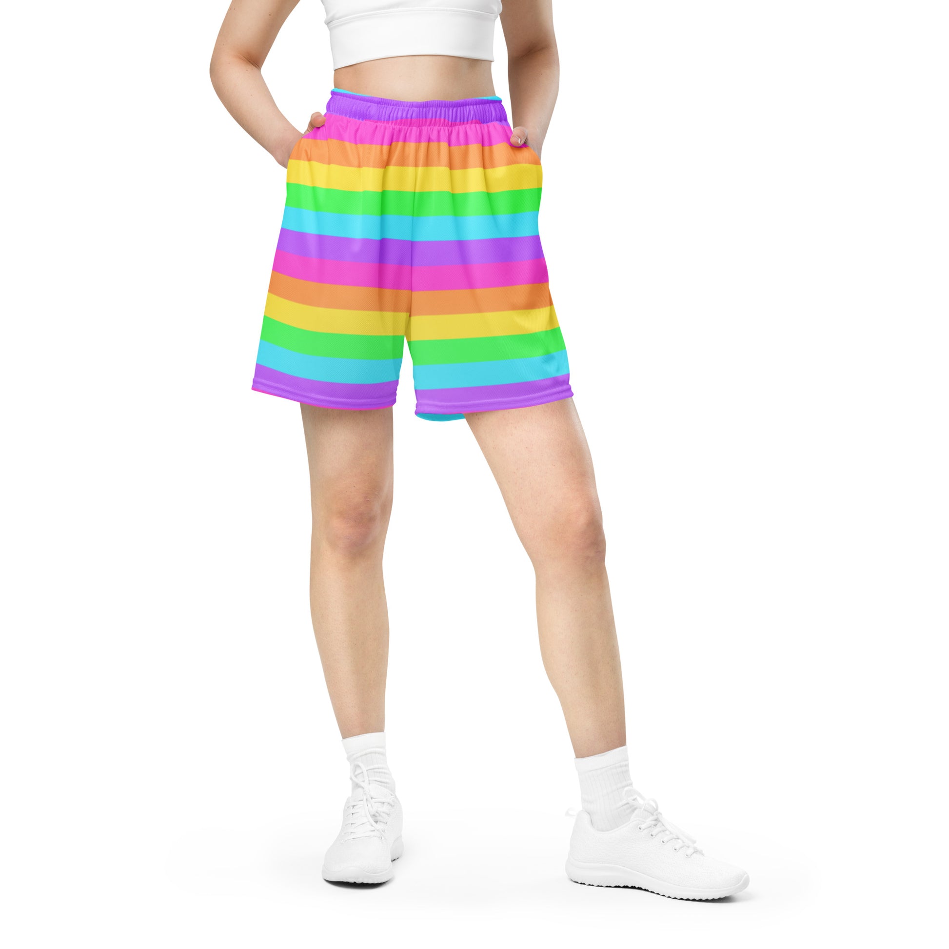 Kawaii fashion Harajuku fashion Japanese street fashion Jfashion Decora kei kidcore Rainbow Wonderland Unisex Athletic Sports Mesh Shorts sportswear colorful dopamine clothing color block stripes