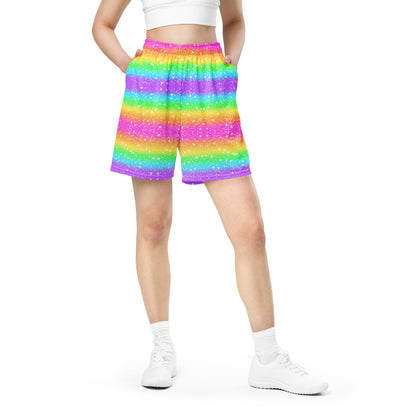 Kawaii fashion Harajuku fashion Japanese street fashion Jfashion Decora kei kidcore Rainbow Wonderland Unisex Athletic Sports Mesh Shorts sportswear colorful dopamine clothing color block stripes