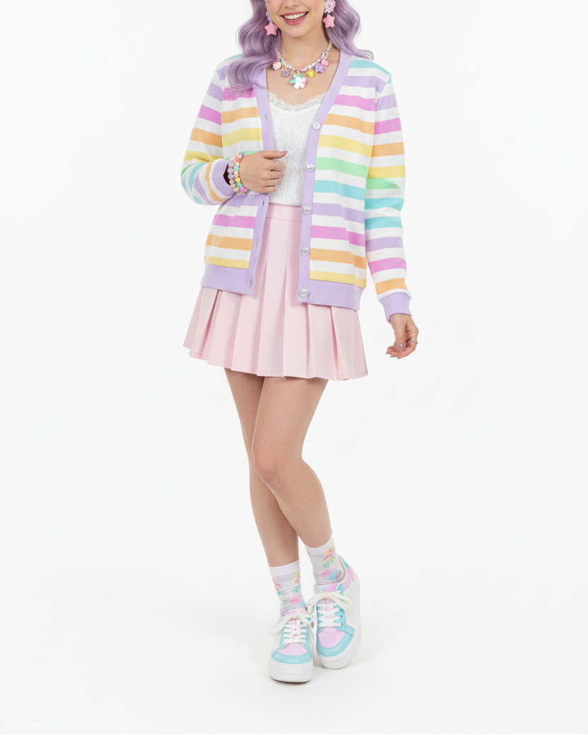 Kawaii fashion Harajuku fashion Jfashion Decora fashion kidcore fairy kei Cutecore Jojifuku Fruity Rainbow Ribbed Button Up Cardigan (Stripes)