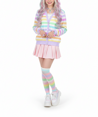 Kawaii fashion Harajuku fashion Jfashion Decora fashion kidcore fairy kei Cutecore Jojifuku Fruity Rainbow Ribbed Button Up Cardigan (Stripes)