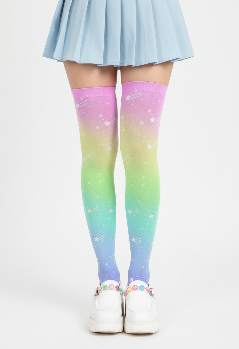 Kawaii fashion Harajuku fashion Jfashion Decora kei kidcore Wishful Rainbow Over Knee Stocking Socks gradient rainbow ombre colors dopamine