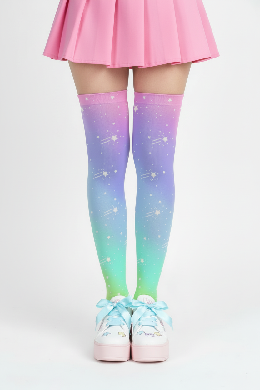 Kawaii fashion Harajuku fashion Jfashion Decora kei kidcore Wishful Rainbow Over Knee Stocking Socks gradient rainbow ombre colors dopamine