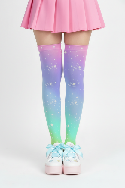 Kawaii fashion Harajuku fashion Jfashion Decora kei kidcore Wishful Rainbow Over Knee Stocking Socks gradient rainbow ombre colors dopamine