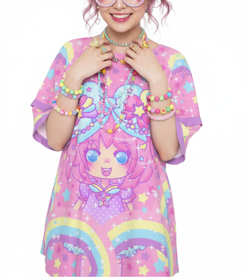 Kawaii fashion Harajuku fashion Jfashion Japanese street fashion Decora kei kidcore Bubbles Rainbow Land Round Neck Raglan Sleeve Ruffle Frill T-Shirt dopamine colors decora fashion colorful vivid bold alt fashion