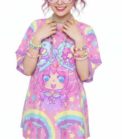 Kawaii fashion Harajuku fashion Jfashion Japanese street fashion Decora kei kidcore Bubbles Rainbow Land Round Neck Raglan Sleeve Ruffle Frill T-Shirt dopamine colors decora fashion colorful vivid bold alt fashion
