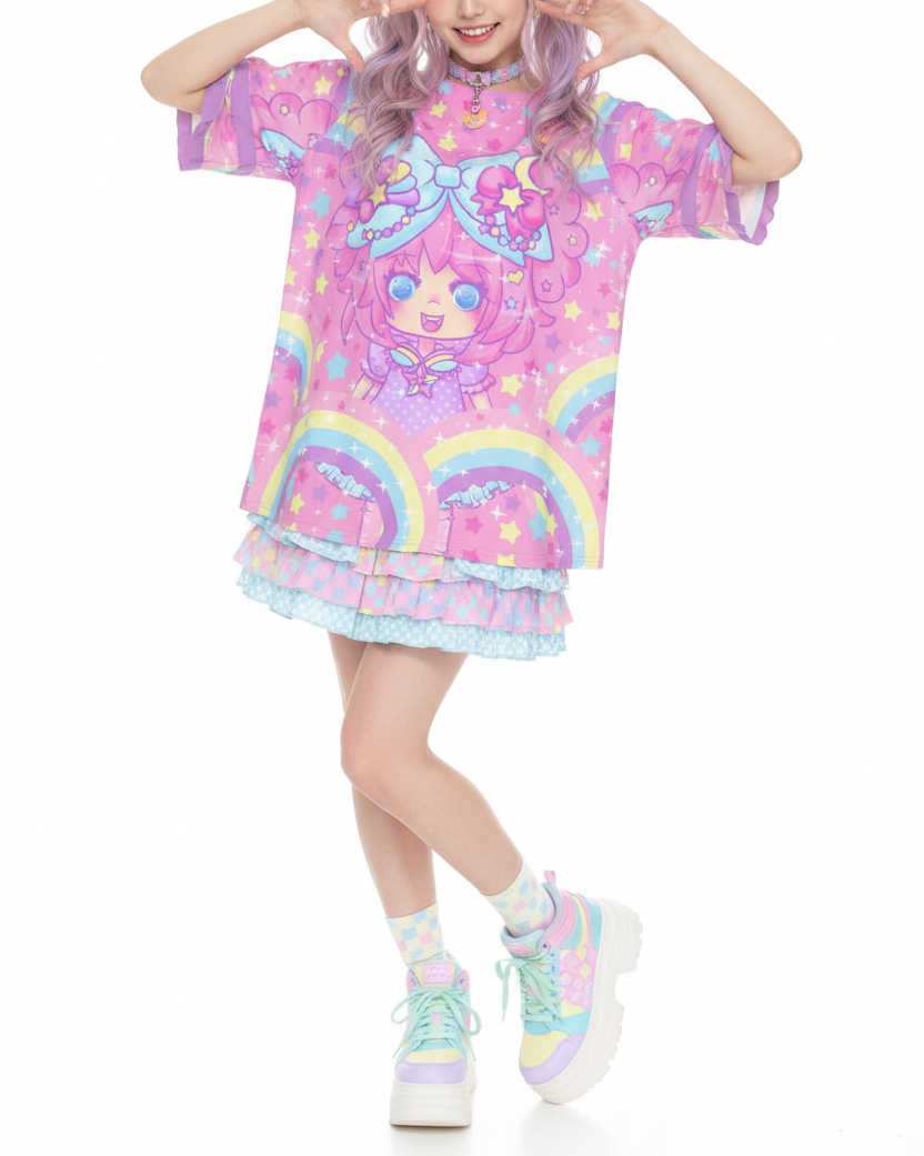 Kawaii fashion Harajuku fashion Jfashion Japanese street fashion Decora kei kidcore Bubbles Rainbow Land Round Neck Raglan Sleeve Ruffle Frill T-Shirt dopamine colors decora fashion colorful vivid bold alt fashion