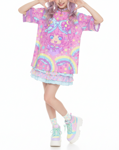 Kawaii fashion Harajuku fashion Jfashion Japanese street fashion Decora kei kidcore Bubbles Rainbow Land Round Neck Raglan Sleeve Ruffle Frill T-Shirt dopamine colors decora fashion colorful vivid bold alt fashion
