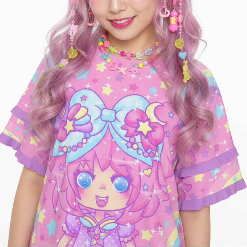 Kawaii fashion Harajuku fashion Jfashion Japanese street fashion Decora kei kidcore Bubbles Rainbow Land Round Neck Raglan Sleeve Ruffle Frill T-Shirt dopamine colors decora fashion colorful vivid bold alt fashion